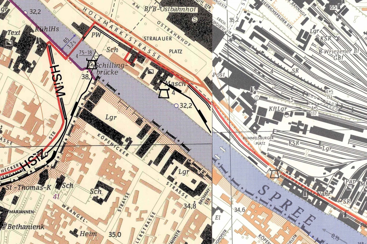 Extract from a service map of the border troops from 1986, showing the course of the border as it stood in 1986. 
