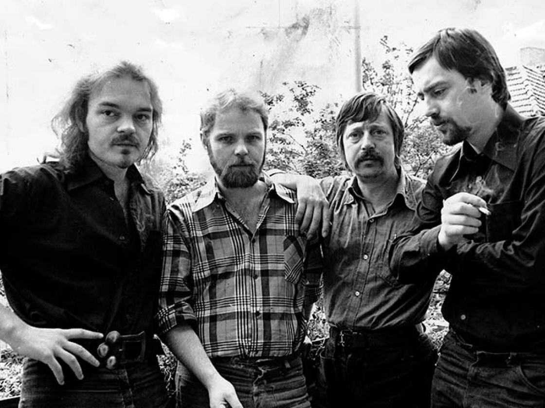 Christian Kunert, Gerulf Pannach, Wolf Biermann und Jürgen Fuchs in West-Berlin, 1977