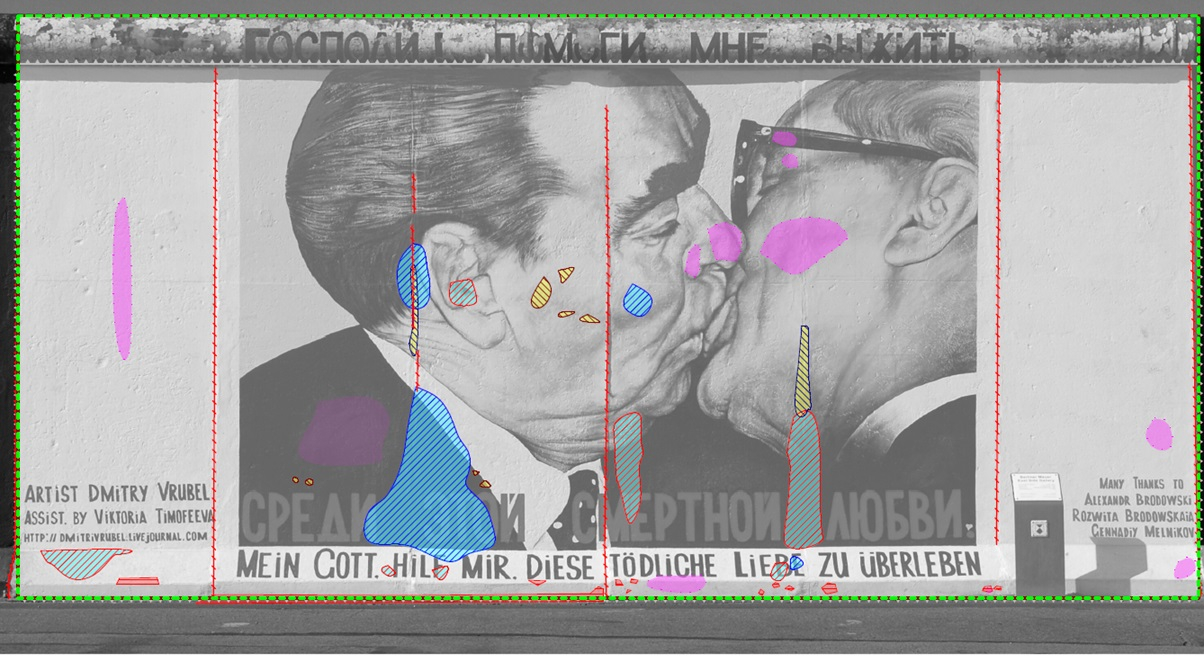 Kartierung der Schäden am Mauerbild "Bruderkuss" an der East Side Gallery